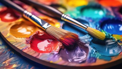 Fototapeta premium A vibrant display of colors invites creativity with brushes ready on a lively palette.