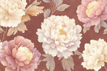 Seamless pattern with chrysanthemum and peony flowers on a brown background, vintage illustration