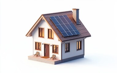 Single Scandinavian-style house with solar panels and warm ambient lighting, isolated on a white background