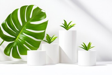 Modern arrangement of potted plants with a large green leaf on a white background