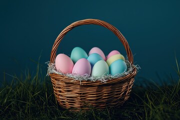 Naklejka premium Pastel Easter Eggs in Wicker Basket on Green Grass Background