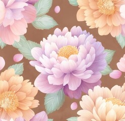 Seamless pattern with chrysanthemum and peony flowers on a brown background, vintage illustration