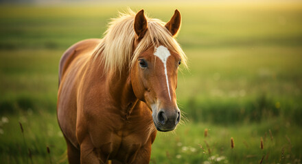 Obraz premium Brown Horse in a Green Meadow