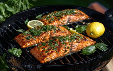 Grilled salmon fillets with fresh herbs and lemon on a barbecue grill background