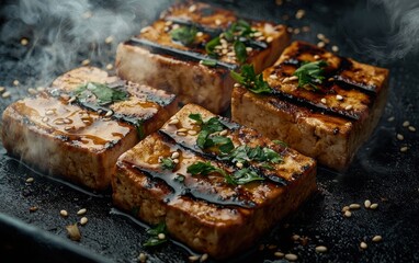 Grilled tofu steaks with soy sauce and sesame on a smoky barbecue background