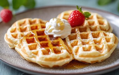 Heart-shaped waffles with syrup and a dollop of cream on top