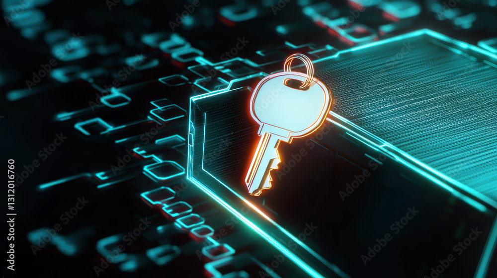 Poster digital key symbolizing cybersecurity and data protection in tech environment