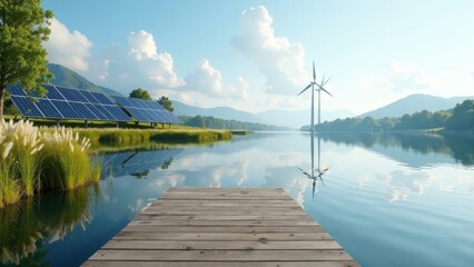Serene Lakeside Vista Featuring Sustainable Energy Sources Solar Panels and Wind Turbines Reflecting on Calm Waters, Wooden Dock