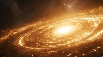 cosmic vortex pulling interstellar dust and gas into a glowing galactic center with radiant energy waves 