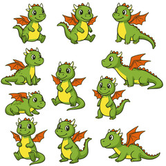 Fototapeta premium Cute cartoon dragon character with different poses. Set of dragons isolated on white background. Transparent PNG version.