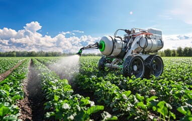 Robots spraying crops with eco-friendly pesticides in a smart agricultural field