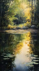 Obraz premium Soft morning light reflecting on calm water, peaceful lake at dawn. Vertical