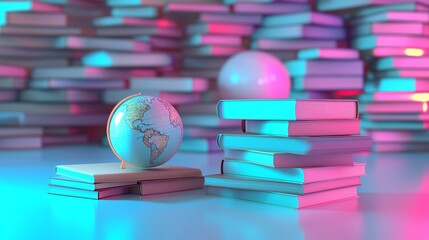 Abstract stack of books with globe 3d illustration