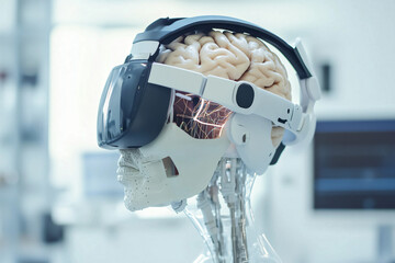 A futuristic headset with a brain-like design, connected to a robotic skull, showcasing high-tech innovation and neural interfacing in a medical or sci-fi setting.