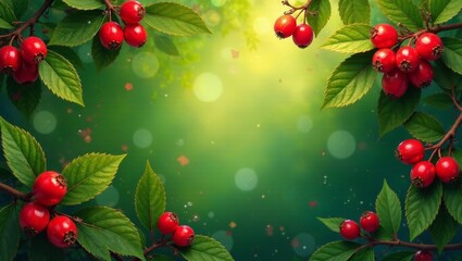 Vibrant Red Berries Adorning Lush Green Foliage, a Summertime Delight with a Soft, Dreamy Background