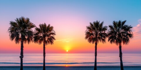 A serene sunset over the ocean, framed by palm trees, creating a vibrant palette of colors in the sky.