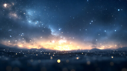 night sky filled with bright stars and a faint galaxy glowing on the horizon with a soft nebula in the background 