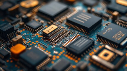 Fototapeta premium Close-up of Complex Microchip Circuit Board Technology