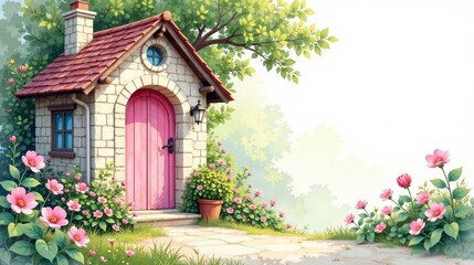 Enchanted Stone Cottage with Pink Door and Blooming Flowers in a Serene Garden Setting