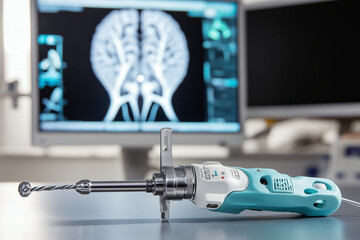 Close-up of a surgical drill tool used in medical procedures with a spiral drill bit, displayed in...