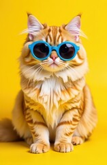 Persian cat with blue sunglasses sitting on yellow background