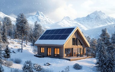 Single Scandinavian-style house with solar panels in a snowy mountain setting, isolated on a white background
