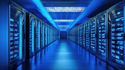 Fototapeta premium A futuristic data center with glowing blue lights and symmetrical rows of powerful servers, highlighting high-performance computing and security. Ideal for cloud, IT, and digital infrastructure themes