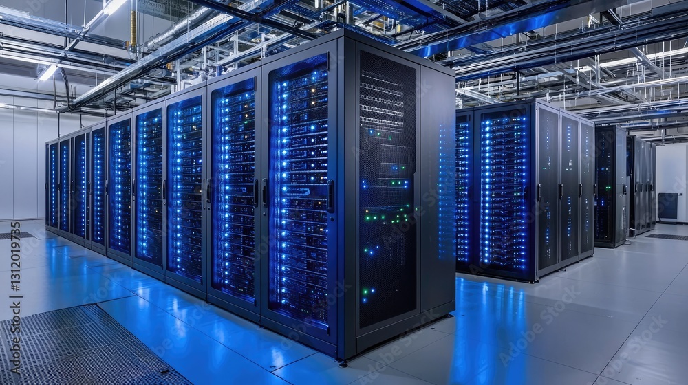 Aufkleber A futuristic data center with rows of servers glowing in blue lights, highlighting advanced network and storage technology. Ideal for computing, cloud, and security themes