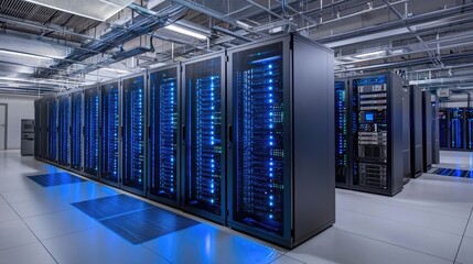 A modern data center with rows of server racks illuminated by blue LED lights, showcasing advanced network infrastructure. Ideal for technology, cloud computing, and cybersecurity themes