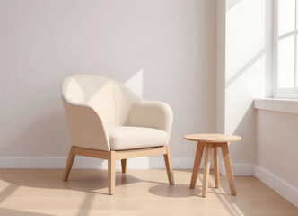Modern cream chair and small wooden table by window