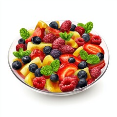 Obraz premium Colorful fruit salad with berries and mint, isolated on a white background