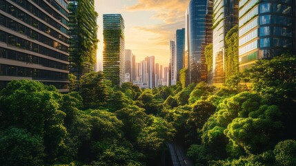 Naklejka premium Lush urban forest cityscape at sunset. Possible use stock photo for sustainable city or ecology concepts