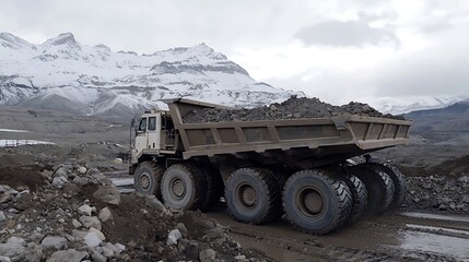 Obraz premium Heavy-duty dump truck loaded with earth, navigating a mountain terrain in snowy weather