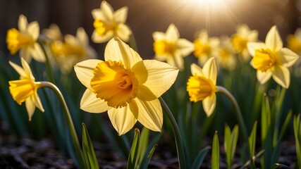 Fototapeta premium Sunny daffodils in full bloom, lit by the sun's rays, with a bright, cheerful, and vibrant floral display.