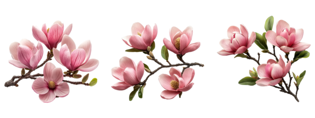 Magnolia flowers pink color, isolate on transparent background