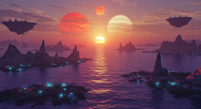 Breathtaking Alien Planet with Floating Rocks & Twin Suns