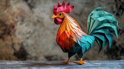 3D origami rooster, vibrant folds with a crowing pose, rustic background