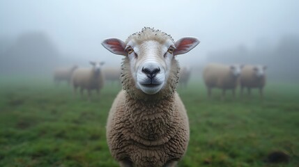 Obraz premium close of a sheep looking at the camera with a flock of sheep behind