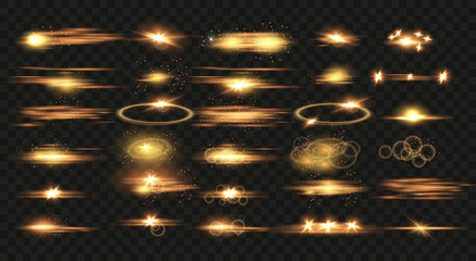 Set of white yellow spotlights, flashes of light on a transparent background. Vector glowing light effect. 