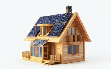 Single Scandinavian-style house with solar panels and a small greenhouse attached, isolated on a white background