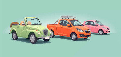 Naklejka premium Pixel art pastel cars: Convertible, pickup, hatchback