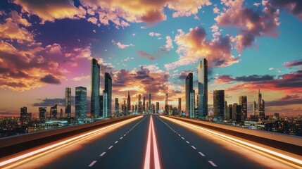 Obraz premium A futuristic highway with glowing road markings leading toward a city skyline