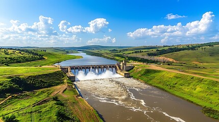 Hydroelectric dam releasing water into a river.  Vast landscape surrounding the dam