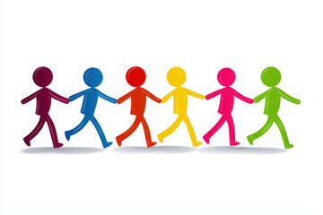 Colorful figures holding hands in line, symbolizing unity and teamwork. This illustration conveys sense of togetherness and collaboration