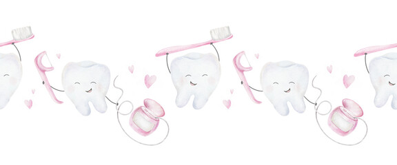Tooth holding pink Dental floss, toothpick, toothpaste, toothbrush and hearts. Hand drawn watercolor kids seamless border. Lane background for pediatric dentistry, dental health care goods, wrapping