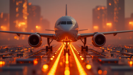 Airplane on Runway at Sunset with City Skyline in Background, Dramatic Lighting and Warm Glow