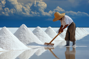Salt worker wearing a wide-brimmed straw hat, using a wooden rake to shape salt piles in a large flat plain.