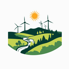 Logo design, a flat vector logo of a green valley with wind turbines and trees on the hills in the foreground, a river flowing from left to right, and the sun shining above, all on a white background.