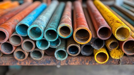 Stack of Colorful Rusty Metal Pipes