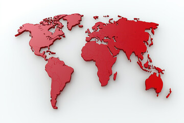 3D red world map illustration on white background, showcasing continents and countries in bold design. This vibrant representation emphasizes global connectivity and geography